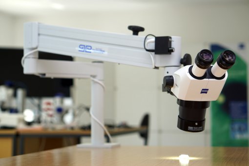 Stereomikroskop Stemi 305 mit Tischstativ und Stemi-Spot Senkrechtbeleuchtung 